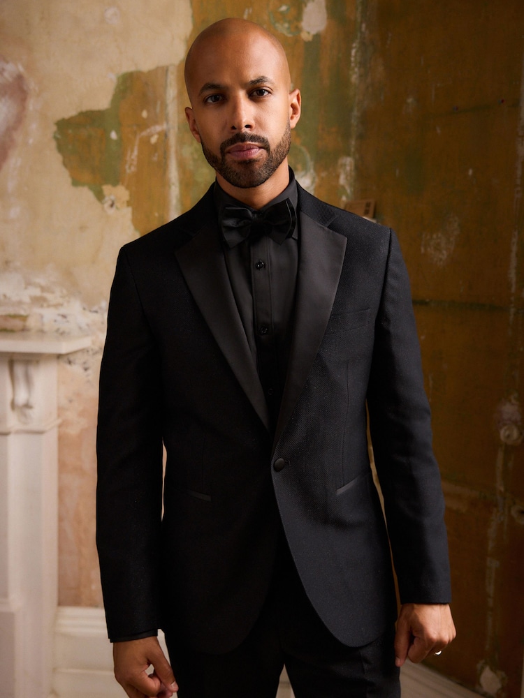 Black Slim Fit Glitter Tuxedo Suit Jacket - Image 1 of 13
