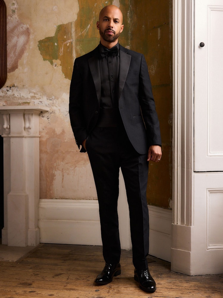 Black Slim Fit Glitter Tuxedo Suit Jacket - Image 2 of 13