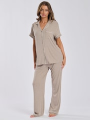 Loungeable Cream Short Sleeve and Long Bottom Traditional Pyjama Set - Image 1 of 6