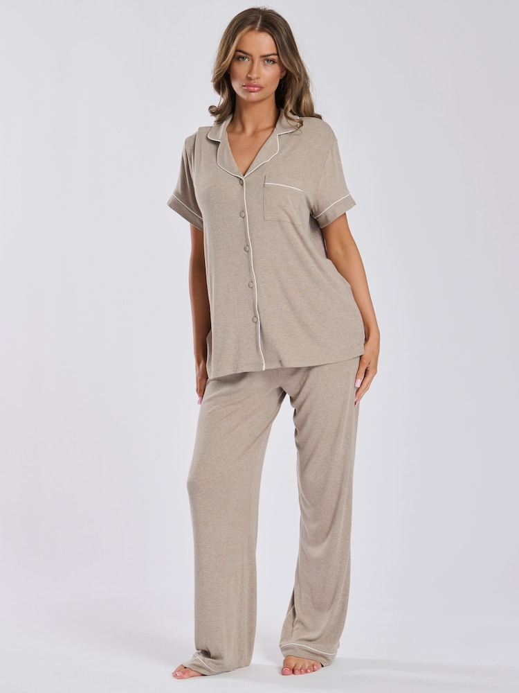 Loungeable Cream Short Sleeve and Long Bottom Traditional Pyjama Set - Image 1 of 6