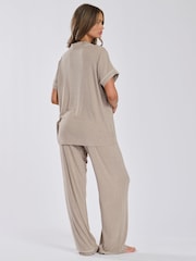 Loungeable Cream Short Sleeve and Long Bottom Traditional Pyjama Set - Image 2 of 6