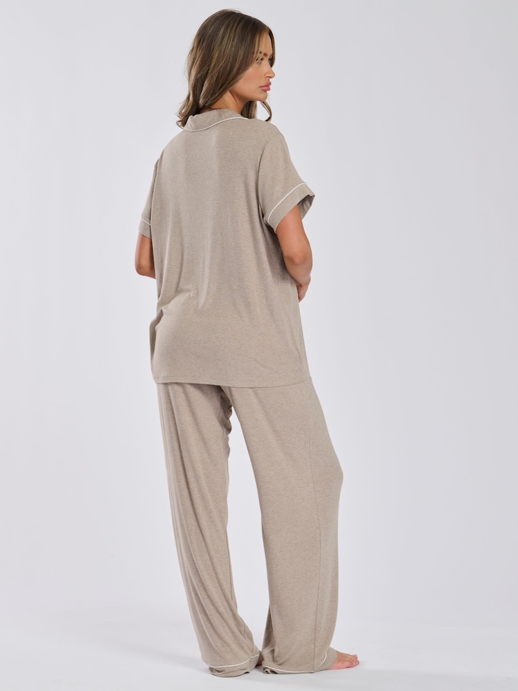 Loungeable Cream Short Sleeve and Long Bottom Traditional Pyjama Set - Image 2 of 6