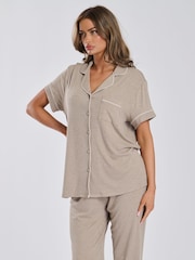 Loungeable Cream Short Sleeve and Long Bottom Traditional Pyjama Set - Image 6 of 6