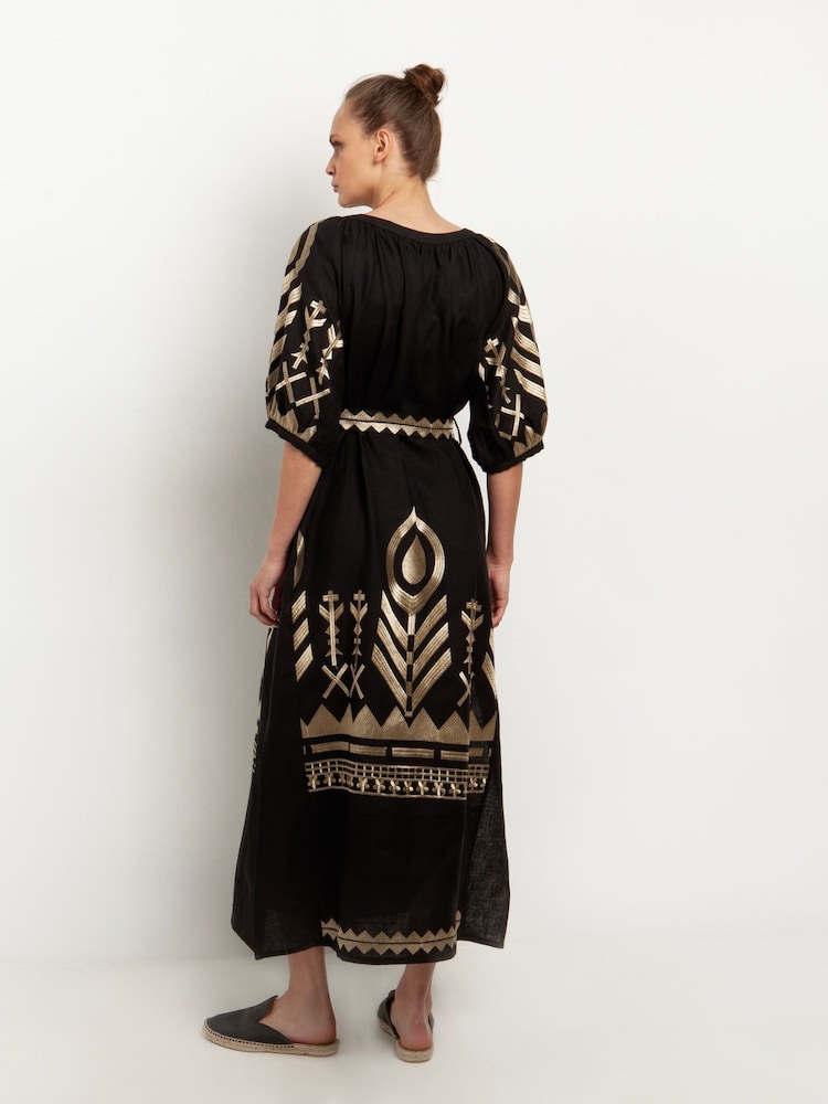 Greek Archaic Kori Black Embroidered 100% Linen Maxi Belted Dress - Image 2 of 3