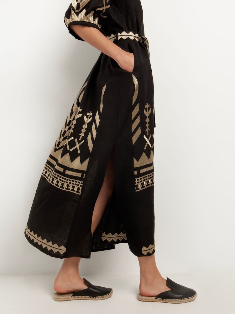 Greek Archaic Kori Black Embroidered 100% Linen Maxi Belted Dress - Image 3 of 3