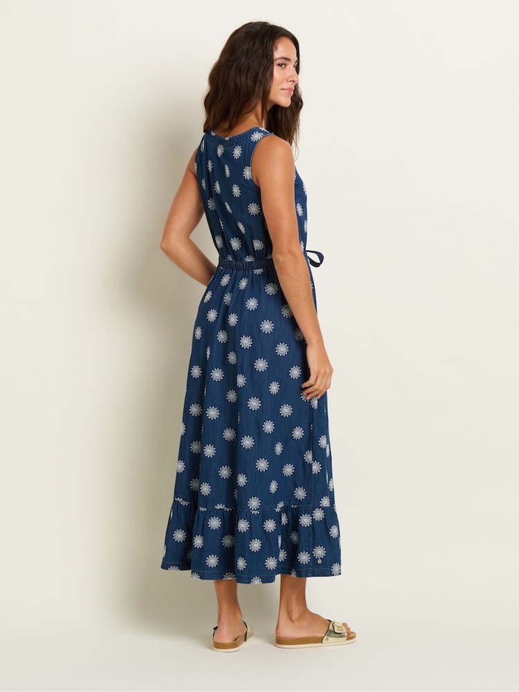 Brakeburn Blue 100% Cotton Daisy Denim Embroidered Maxi Dress - Image 2 of 5