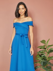Yumi Blue Bardot Stretch Midi Skater Dress - Image 1 of 4