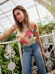 Pink Floral Kew Collection Short Sleeve Mesh Top - Image 2 of 6