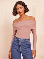 Friends Like These Pink Off The Shoulder Rib Jumper - Image 1 of 4