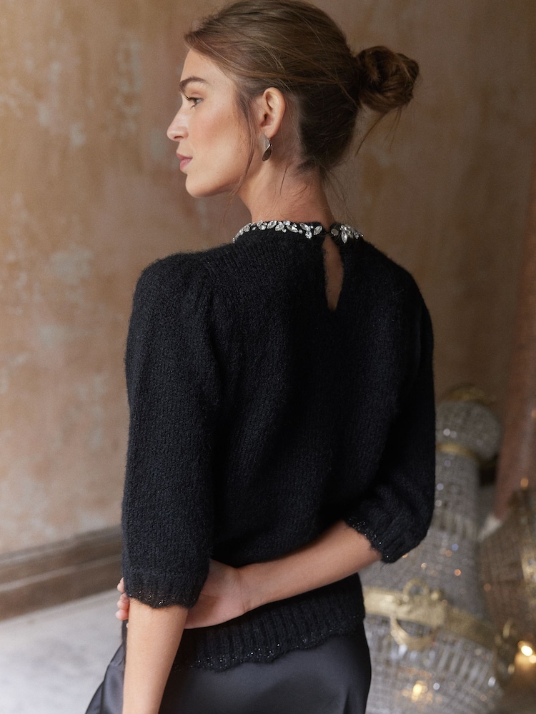 Love & Roses Black Jewel Embellished 3/4 Sleeve Jumper - Image 4 of 4