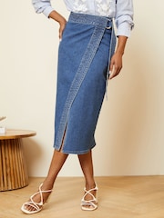 Love & Roses Midwash Blue Petite Wrap Denim Midi Skirt - Image 1 of 4