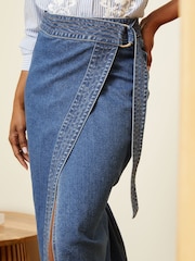 Love & Roses Midwash Blue Petite Wrap Denim Midi Skirt - Image 2 of 4