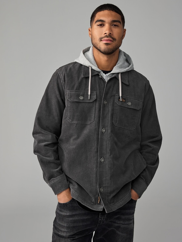 Gris - Hooded Corduroy Borg Lined Shacket - Imagen 1 de 9 Gris - Hooded Corduroy Borg Lined Shacket - Imagen 1 de 9