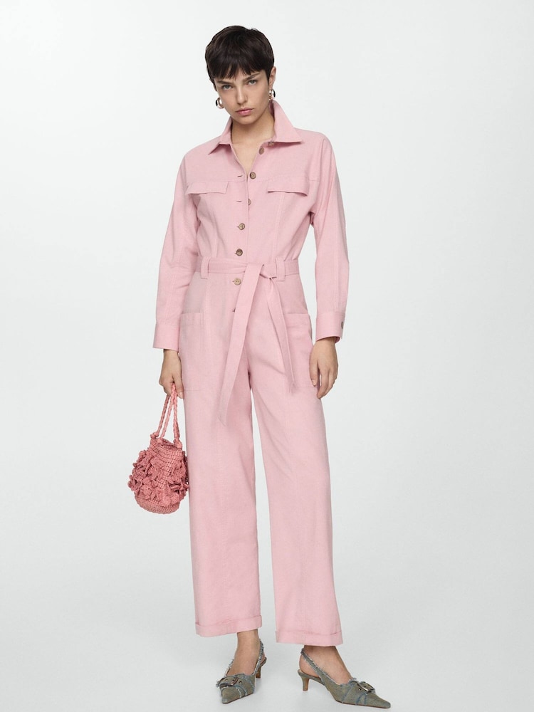 Mango Pink Buttoned Cotton/Linen Mix Long Jumpsuit - Image 1 of 6