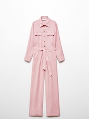 Mango Pink Buttoned Cotton/Linen Mix Long Jumpsuit - Image 5 of 6