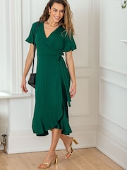 Pour Moi Dark Green Megan Fuller Bust Slinky Jersey Frill Detail Midi Wrap Dress - Image 1 of 4