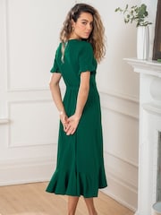 Pour Moi Dark Green Megan Fuller Bust Slinky Jersey Frill Detail Midi Wrap Dress - Image 2 of 4