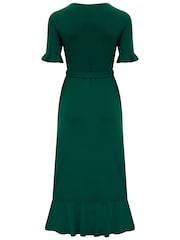 Pour Moi Dark Green Megan Fuller Bust Slinky Jersey Frill Detail Midi Wrap Dress - Image 4 of 4