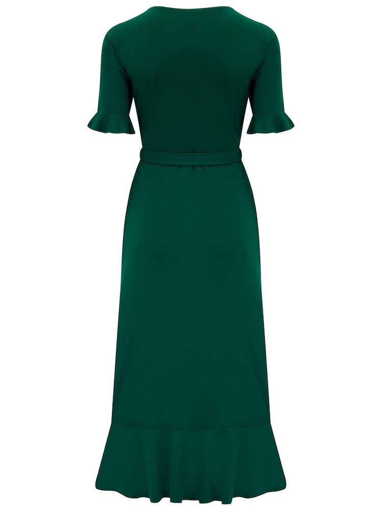 Pour Moi Dark Green Megan Fuller Bust Slinky Jersey Frill Detail Midi Wrap Dress - Image 4 of 4