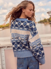 Blue/White Aztec Pattern Relaxed Fit Soft Touch Knitted Jumper - Image 3 of 7