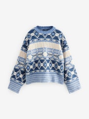 Blue/White Aztec Pattern Relaxed Fit Soft Touch Knitted Jumper - Image 5 of 7