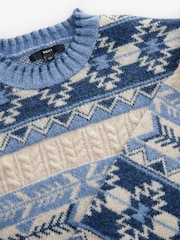 Blue/White Aztec Pattern Relaxed Fit Soft Touch Knitted Jumper - Image 6 of 7