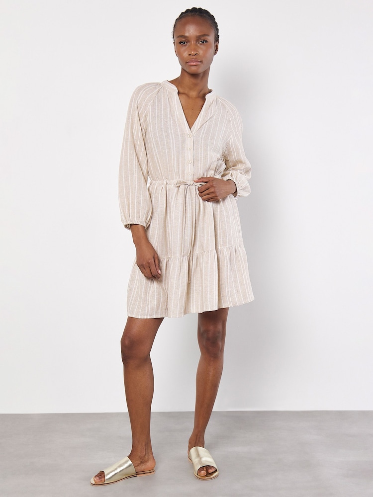 Apricot Natural Sparkle V-Neck Tie Through Linen Blend Tiered Dress - Image 1 of 4 Apricot Natural Sparkle V-Neck Tie Through Linen Blend Tiered Dress - Image 1 of 4