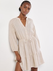 Apricot Natural Sparkle V-Neck Tie Through Linen Blend Tiered Dress - Image 2 of 4