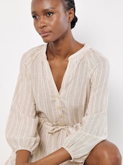 Apricot Natural Sparkle V-Neck Tie Through Linen Blend Tiered Dress - Image 4 of 4