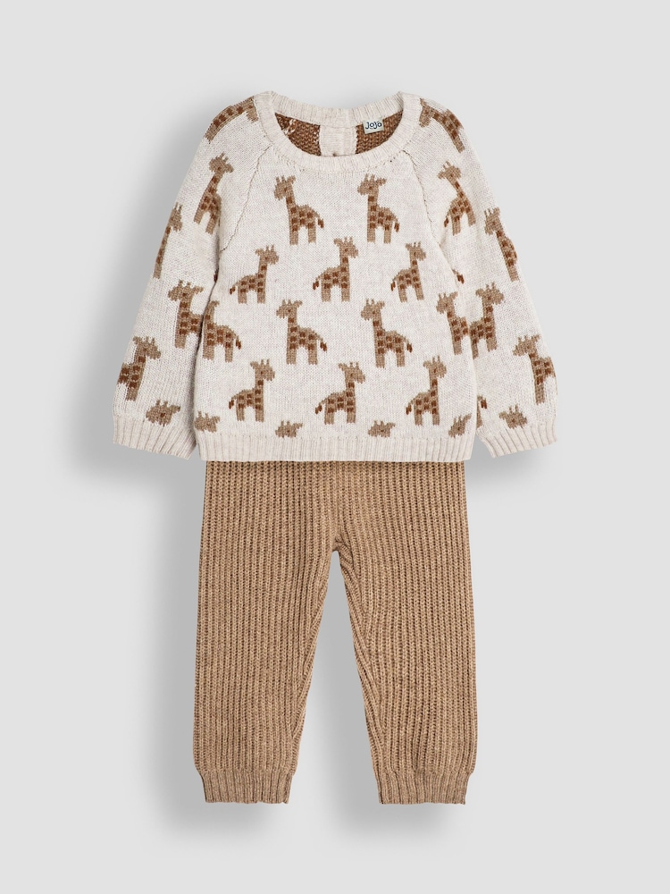 JoJo Maman Bébé Natural Knitted Giraffe Jumper And Trouser Baby Set - Image 1 of 5