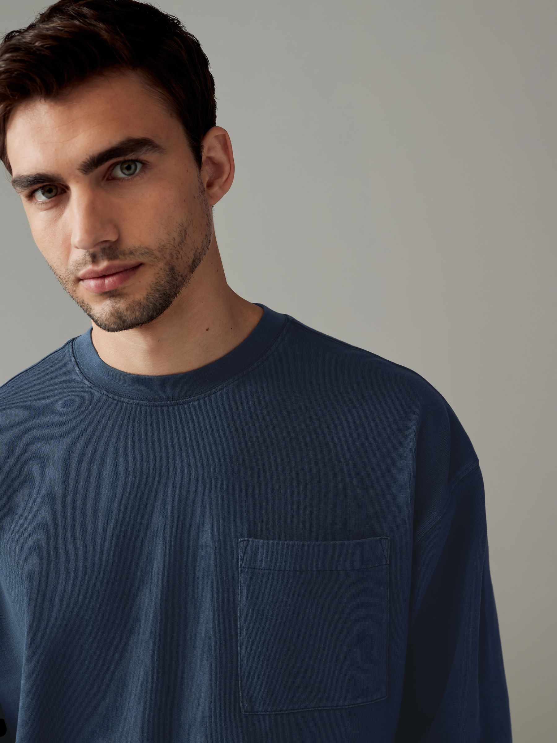 Buy Navy Blue Long Sleeve Garment Dye Heavyweight 100% Cotton T