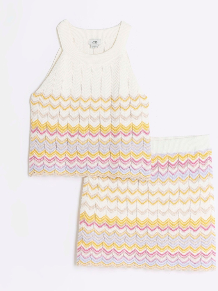 River Island Cream Girls 100% Cotton Chevron Knit Skirt Set - Image 1 of 4 River Island Cream Girls 100% Cotton Chevron Knit Skirt Set - Image 1 of 4