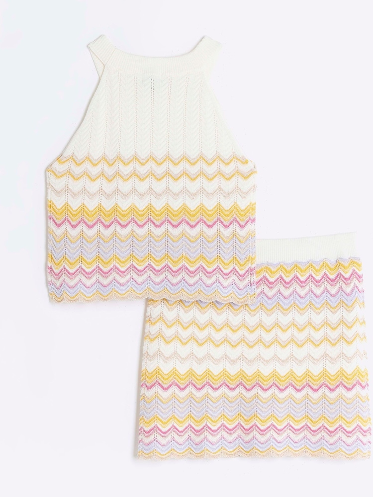 River Island Cream Girls 100% Cotton Chevron Knit Skirt Set - Image 2 of 4 River Island Cream Girls 100% Cotton Chevron Knit Skirt Set - Image 2 of 4