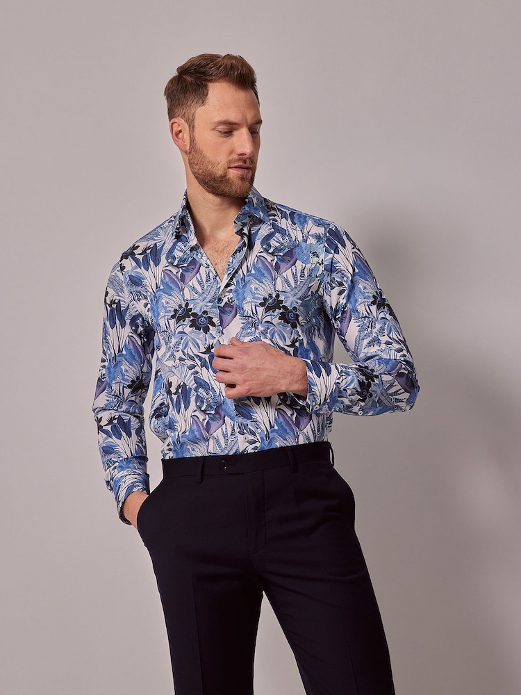Hawes & Curtis Slim Blue Inverted Diamond Weave Mid Collar 100% Cotton Shirt - Image 1 of 4