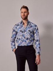 Hawes & Curtis Slim Blue Inverted Diamond Weave Mid Collar 100% Cotton Shirt - Image 4 of 4