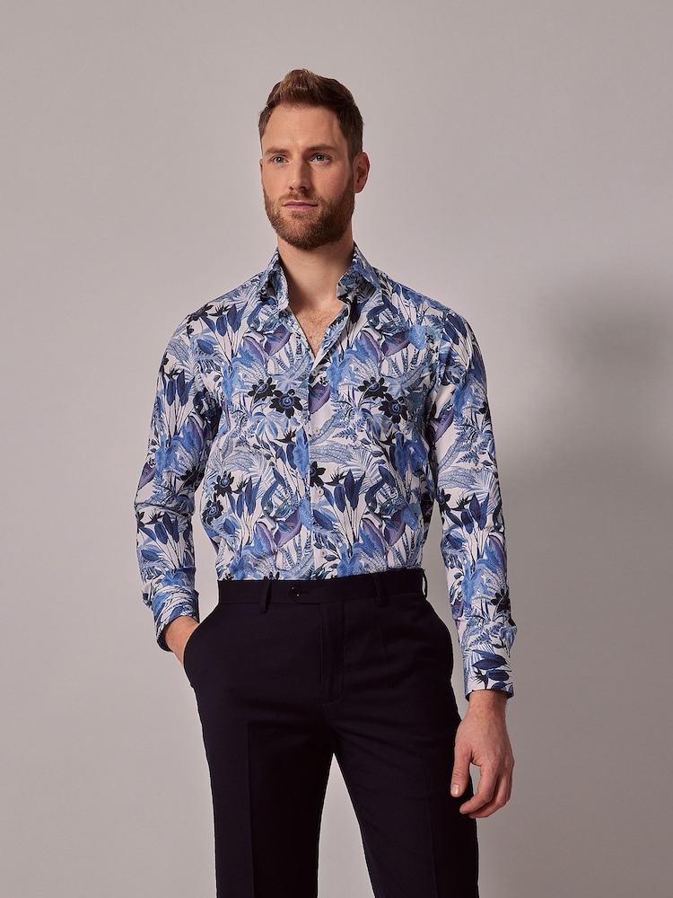 Hawes & Curtis Slim Blue Inverted Diamond Weave Mid Collar 100% Cotton Shirt - Image 4 of 4