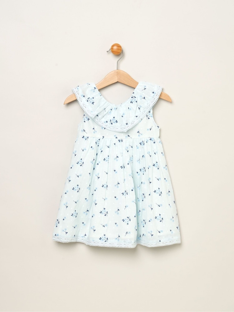 Rock-A-Bye Baby Boutique Blue Floral 100% Cotton Print Frill V-Neck Dress and Headband Outfit Set - Image 1 of 3