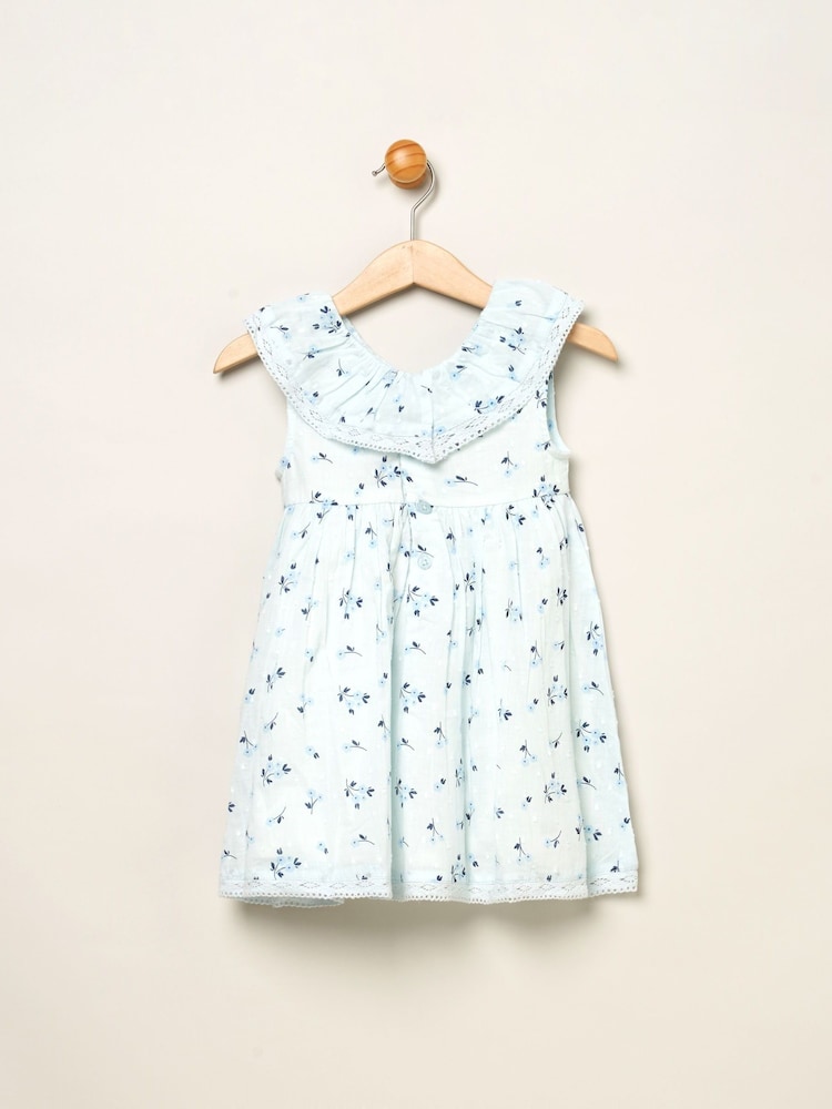 Rock-A-Bye Baby Boutique Blue Floral 100% Cotton Print Frill V-Neck Dress and Headband Outfit Set - Image 2 of 3