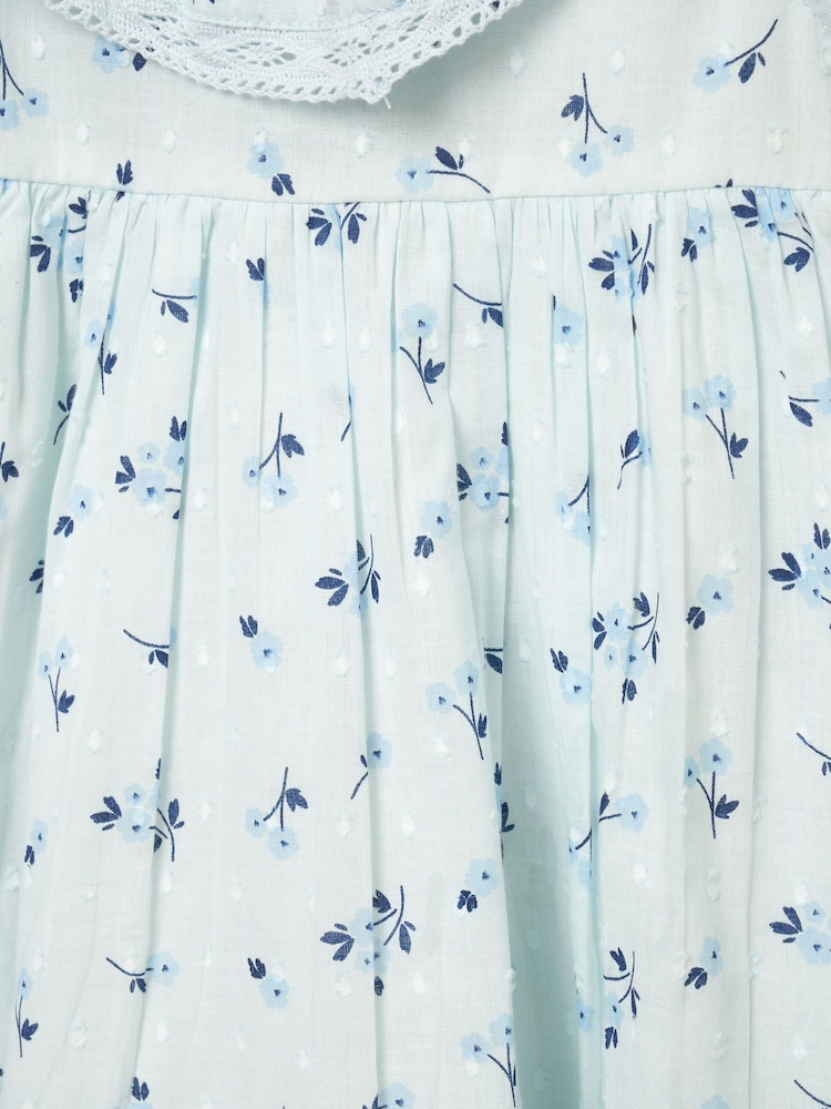 Rock-A-Bye Baby Boutique Blue Floral 100% Cotton Print Frill V-Neck Dress and Headband Outfit Set - Image 3 of 3