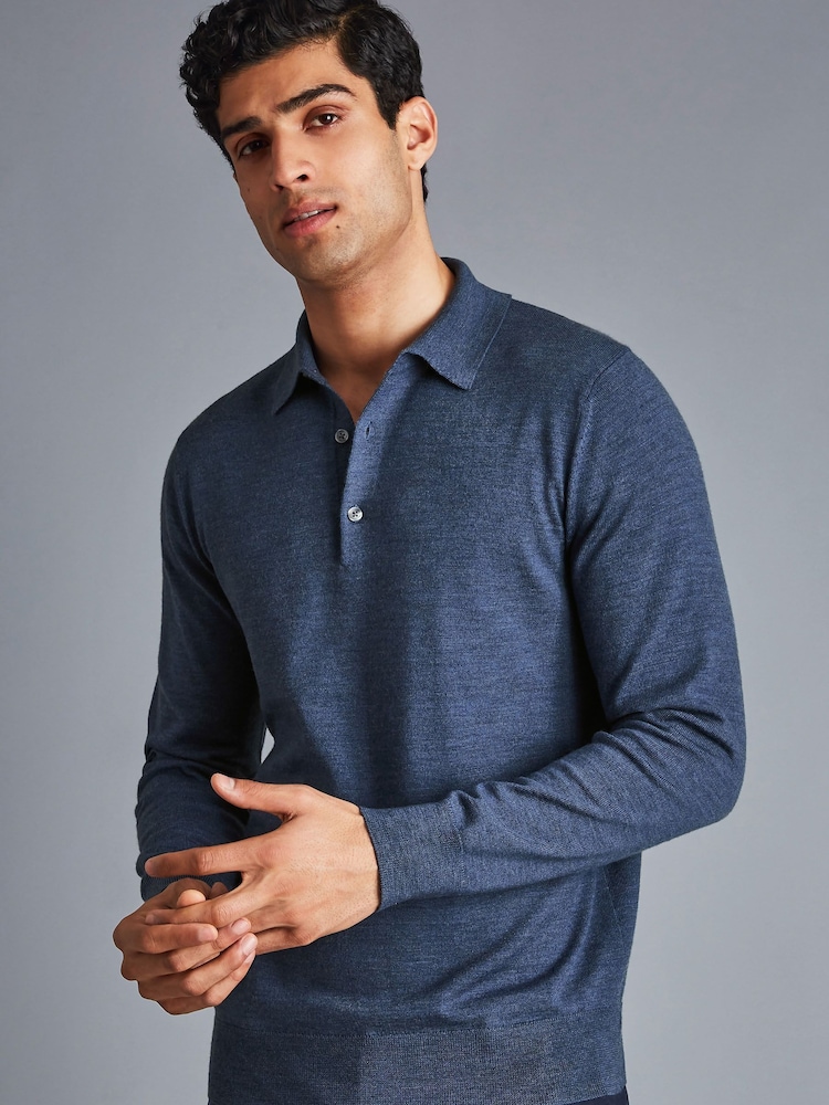 Charles Tyrwhitt Blue Pure Merino Polo Neck Jumper - Image 2 of 5
