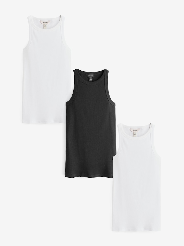 River Island Black/White Racer 100% Cotton Vests 3 Pack - Image 1 of 7 River Island Black/White Racer 100% Cotton Vests 3 Pack - Image 1 of 7