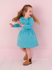 JoJo Maman Bébé Duck Egg Blue Hedgehog Embroidered Sweat Dress With Collar - Image 1 of 5