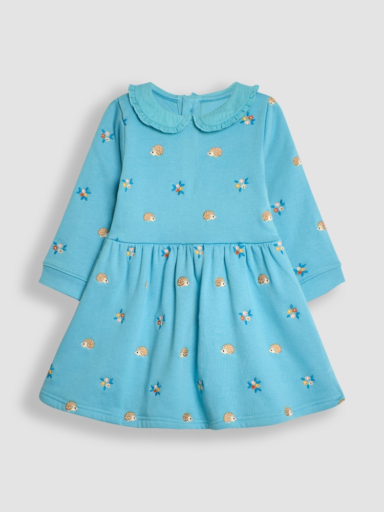 JoJo Maman Bébé Duck Egg Blue Hedgehog Embroidered Sweat Dress With Collar - Image 2 of 5