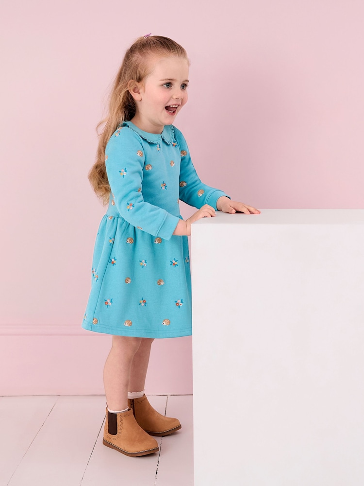 JoJo Maman Bébé Duck Egg Blue Hedgehog Embroidered Sweat Dress With Collar - Image 5 of 5