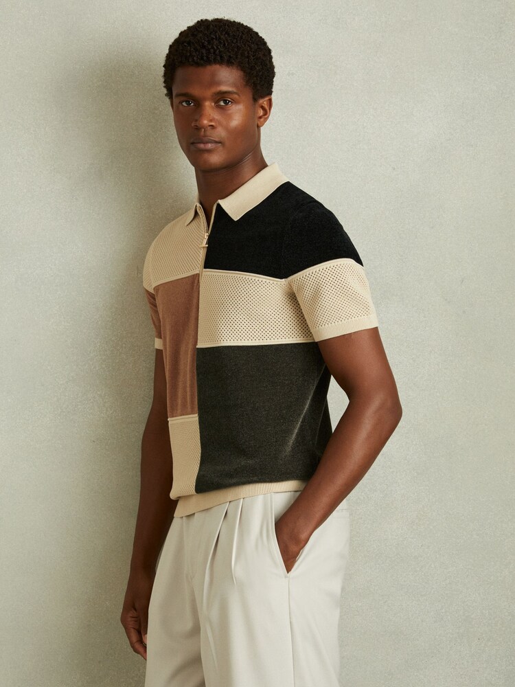 Reiss Green Smoke Marty Hybrid Velour Half-Zip Polo Shirt - Image 1 of 6
