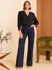 Love & Roses Black Hardware V Neck Button Through Blouse - Image 3 of 4