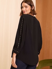 Love & Roses Black Hardware V Neck Button Through Blouse - Image 4 of 4
