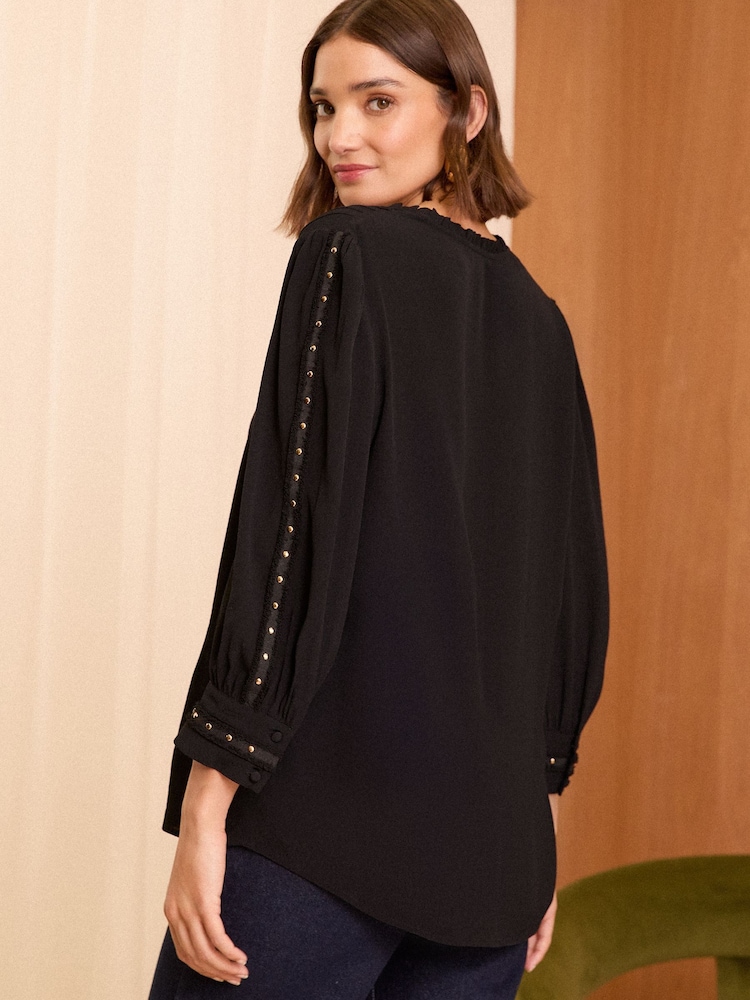 Love & Roses Black Hardware V Neck Button Through Blouse - Image 4 of 4