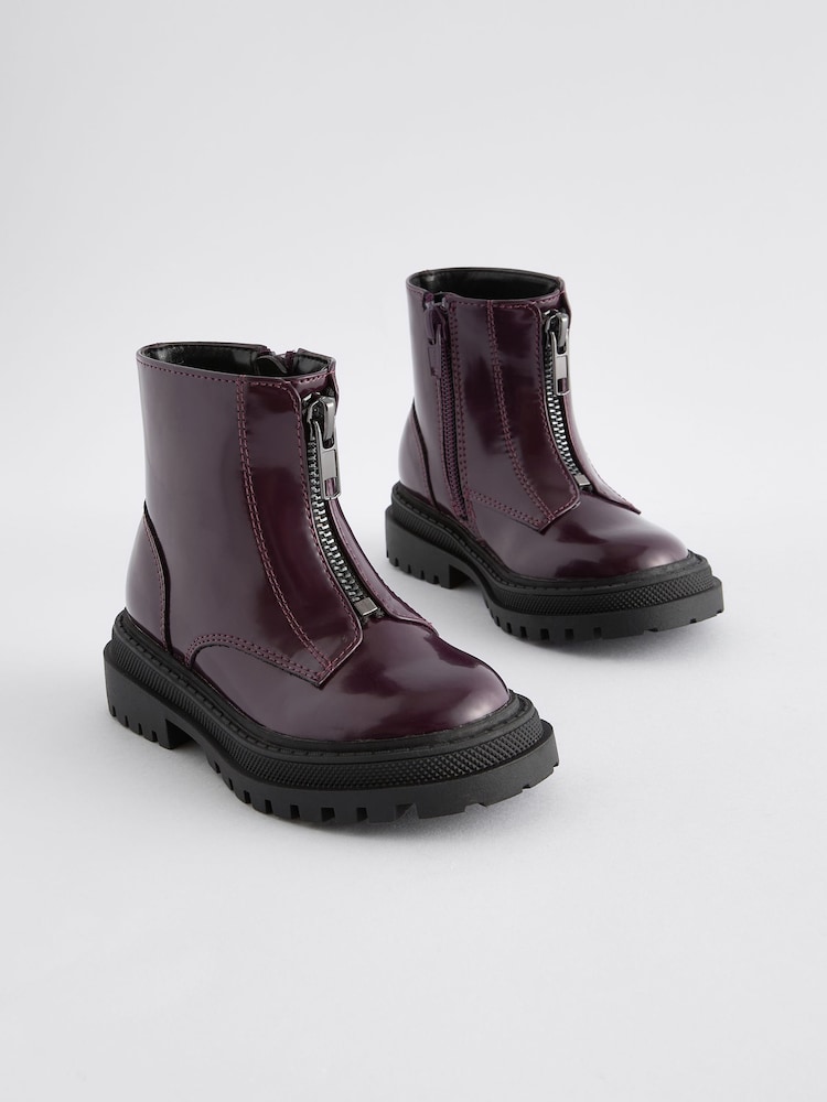 Burgundy Wide Fit (G) Zip Front Chunky Boots - Image 1 of 1