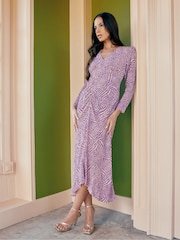Ro&Zo Purple Geo Print Ruched Front Midi Dress - Image 1 of 7